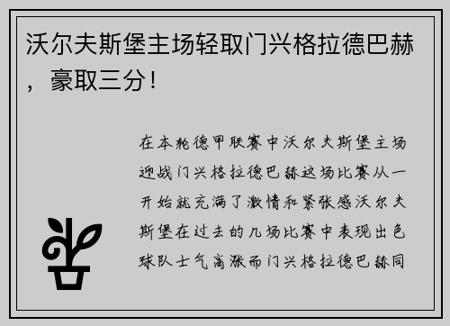 沃尔夫斯堡主场轻取门兴格拉德巴赫，豪取三分！