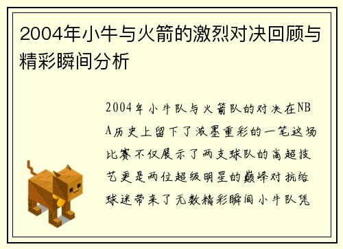 2004年小牛与火箭的激烈对决回顾与精彩瞬间分析