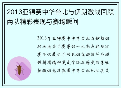 2013亚锦赛中华台北与伊朗激战回顾两队精彩表现与赛场瞬间