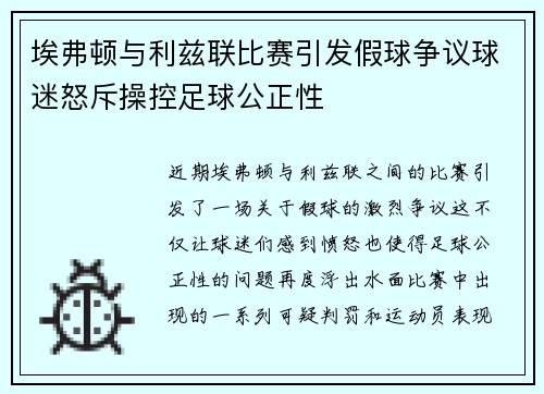 埃弗顿与利兹联比赛引发假球争议球迷怒斥操控足球公正性
