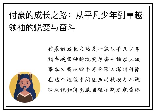 付豪的成长之路：从平凡少年到卓越领袖的蜕变与奋斗