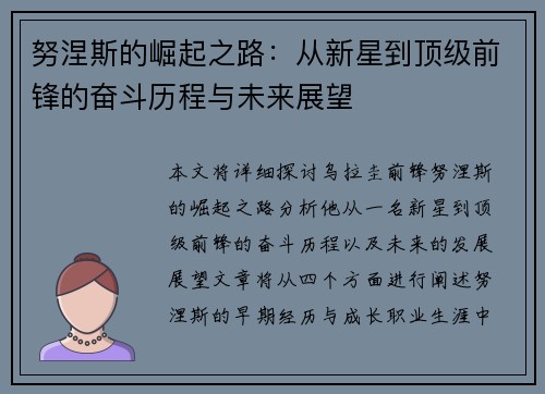 努涅斯的崛起之路：从新星到顶级前锋的奋斗历程与未来展望
