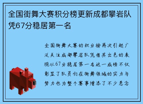 全国街舞大赛积分榜更新成都攀岩队凭67分稳居第一名