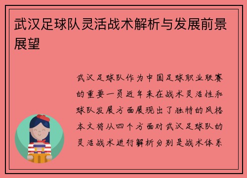 武汉足球队灵活战术解析与发展前景展望