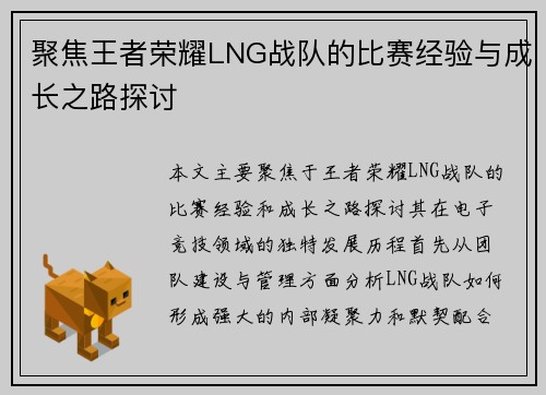 聚焦王者荣耀LNG战队的比赛经验与成长之路探讨